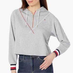 Tommy Hilfiger Half Zip Hoodie Gray Sweatshirt Cropped Blokecore SZ Small